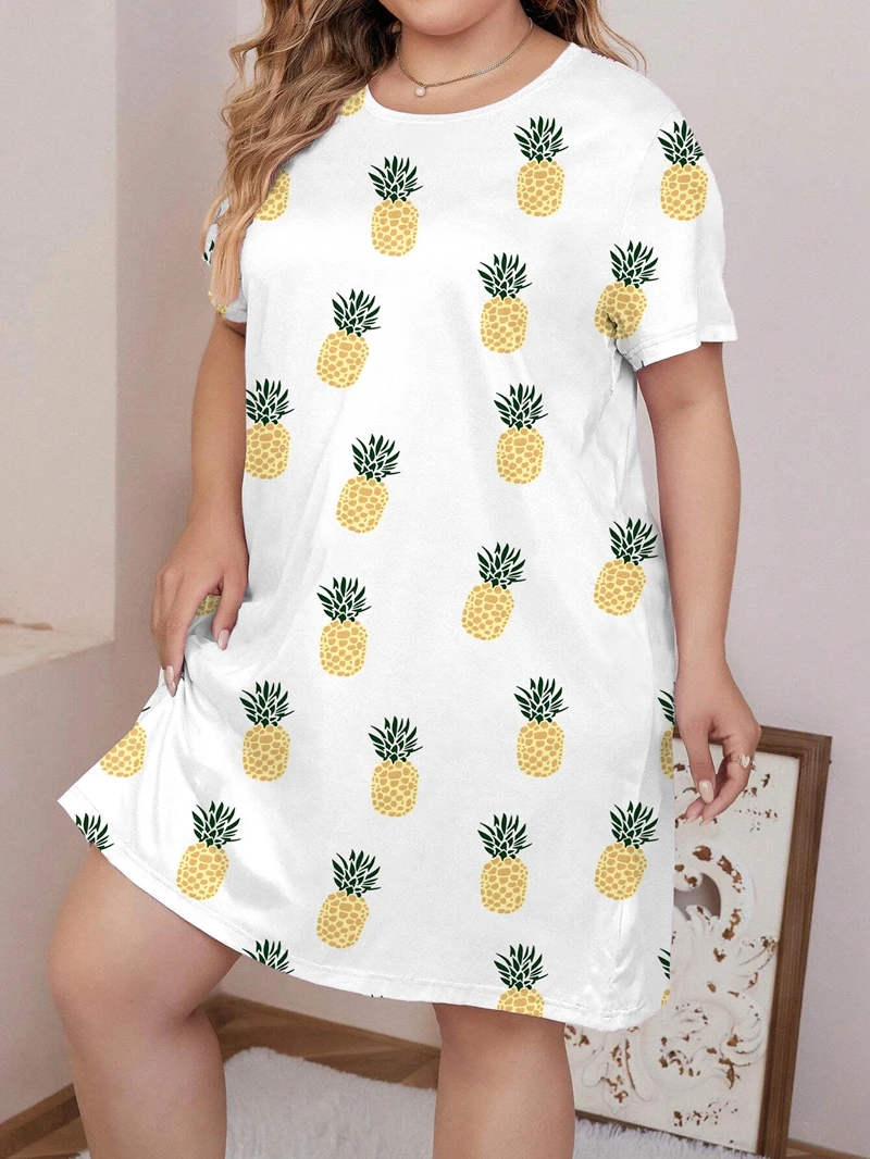 

Heart Pineapple And Smiling Face Print Plus Size Nightgown Elegant Crew Neck Sleepdress Fit Summer Homewear And Sleepwear Pjs