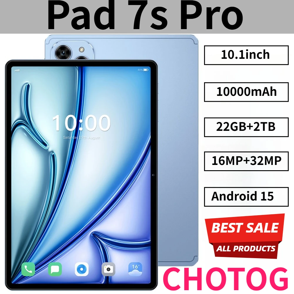 Tablet CHOTOG Pad 7s Pro 5G con doble ranura para tarjeta SIM, batería de 10000 mAh, pantalla de 10.1 pulgadas, 22 GB + 2 TB, Android 15
