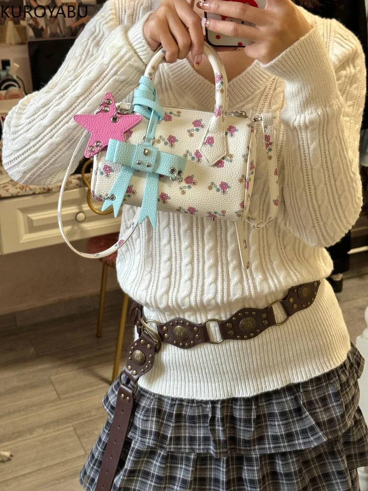 

Mini Boston Handbag for Women Chic Floral Small Flower Portable Women's Cute Pouch with Bow Accessories Korean Top-Handle Bags