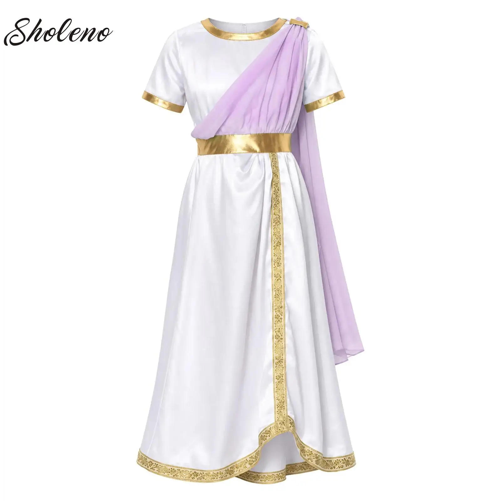 Vintage Girls Ancient Greek Goddesses Costume Kid Sleeveless Shawl Cape Toga Dress Roman Athena Robe for Halloween Cosplay Party