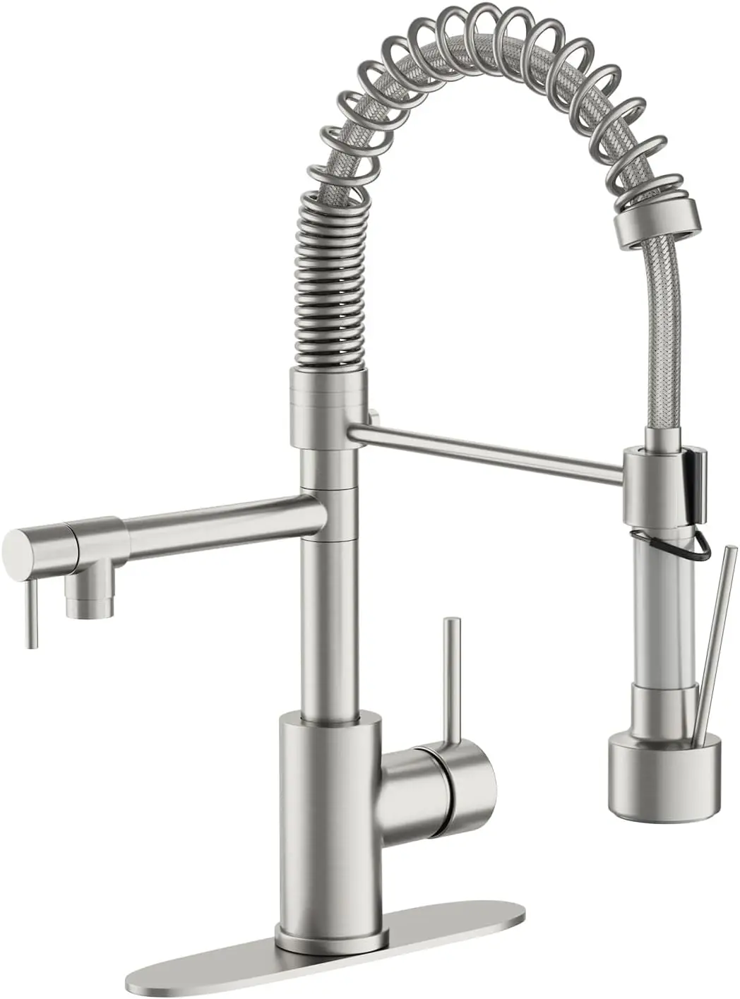

Dual Spout Kitchen Faucet with Pull Down Sprayer, Brushed Nickel, 1 or 3 Hole, for Farmhouse, RV, Laundry, Utility, Wet Bar