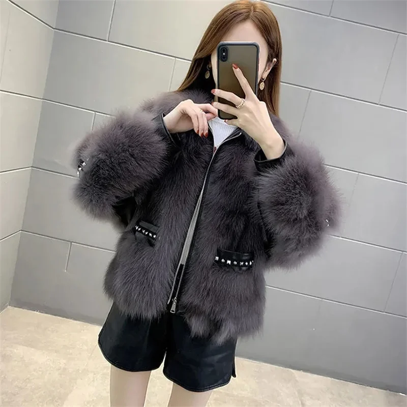 Korean Fashion Short Fur Coat Women's Riveted Bat Sleeve Fur One Piece Coats 2023 Autumn And Winter New Ladies Fur Overcoat