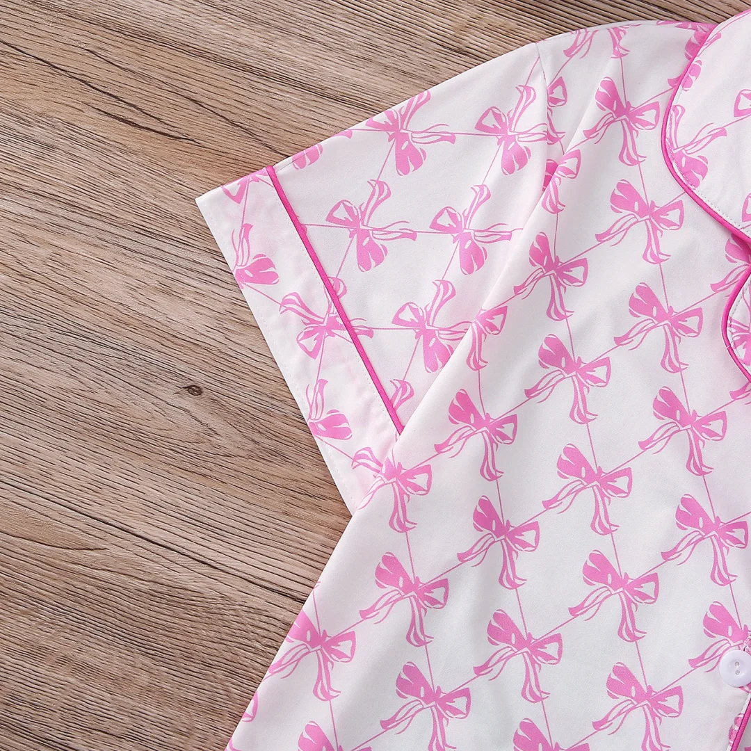 Pink Pajamas with Little Bow Print Lapel Short Sleeves and Shorts Home Wear Set Loungewear Clothes Gifts for Women