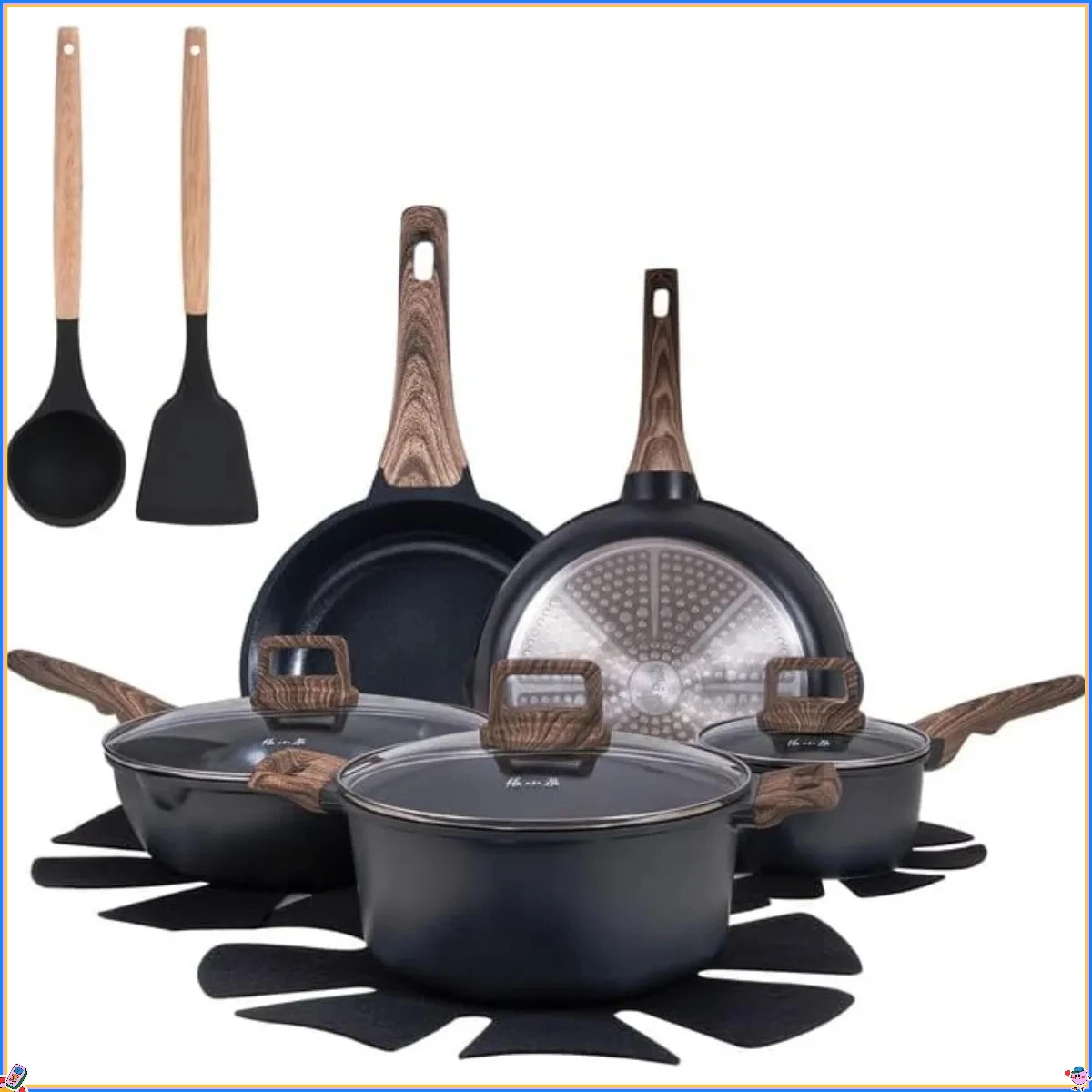 

Non-Stick Frying Pan Set with Lids, 14-Piece Cast Aluminum Cookware, Ceramic Coating