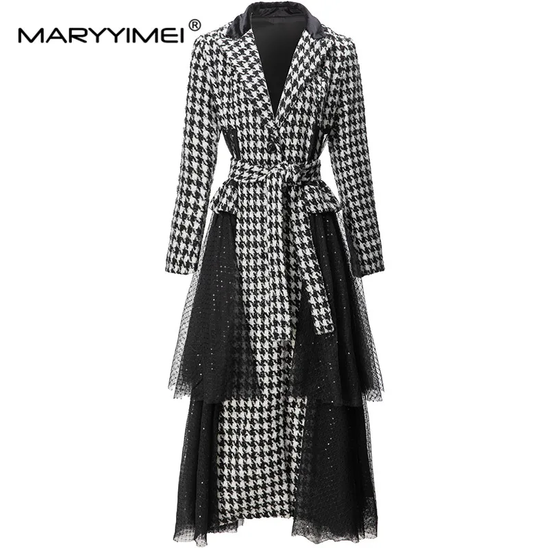 

MARYYIMEI High Street Fashion Designer Autumn Outerwear Women's Sequin Mesh Patchwork Lapel Long Sleeves Girdle Plaid Coat