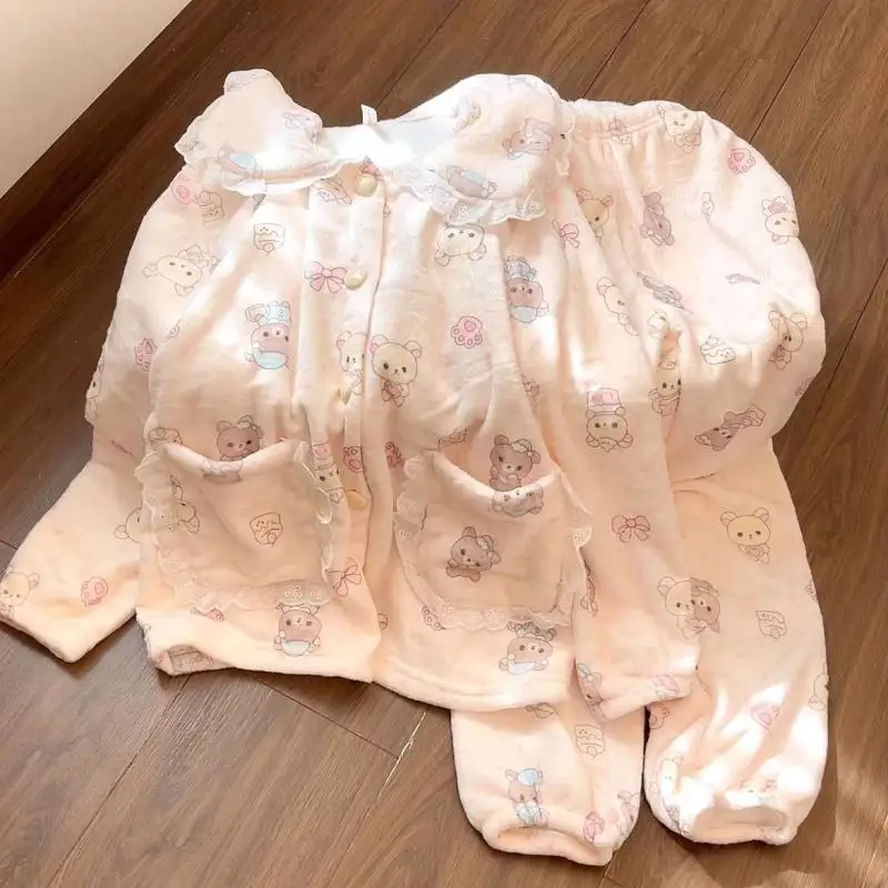 Cartoon Rilakkuma Girls Bear Plush Nightwear Kawaii Women Thickened Baby Collar Pajamas Set Winter Sweet Warm Flannel Homewear
