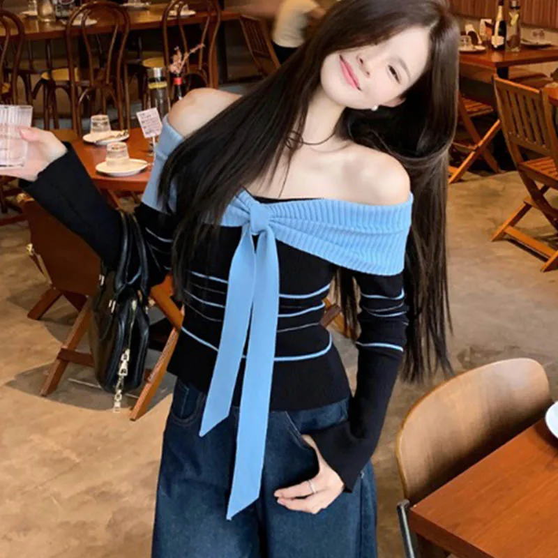 

Women's Clothing Chic Patchwork Slash Neck Knitted Tops Spring New Elegant Bow Slim Sweaters Sexy Striped Pullovers