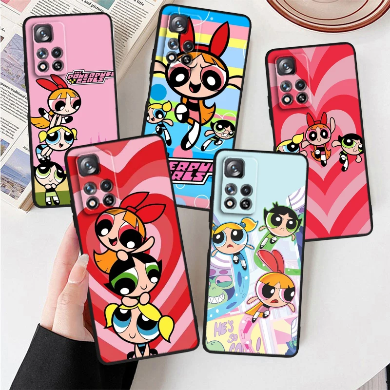 Cartoon Powerpuffs Girls For Xiaomi Redmi Note 12 12S Turbo 11 11T 11S 10 10S 9 8 8T 7 Pro Plus 5G Black Phone Case Cover