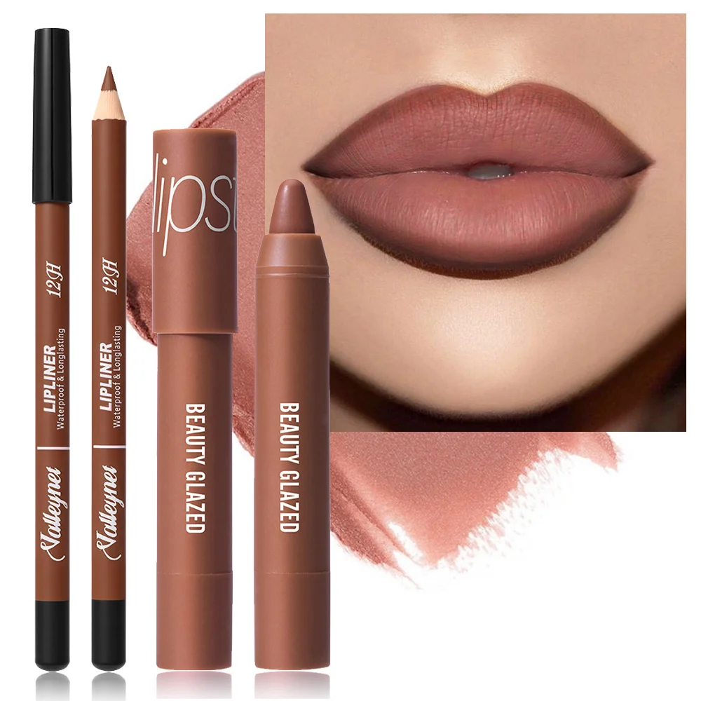 2 個/セット リップライナー + 口紅 マット防水長持ちリップカラーセット - リップライナー + 保湿口紅化粧品
