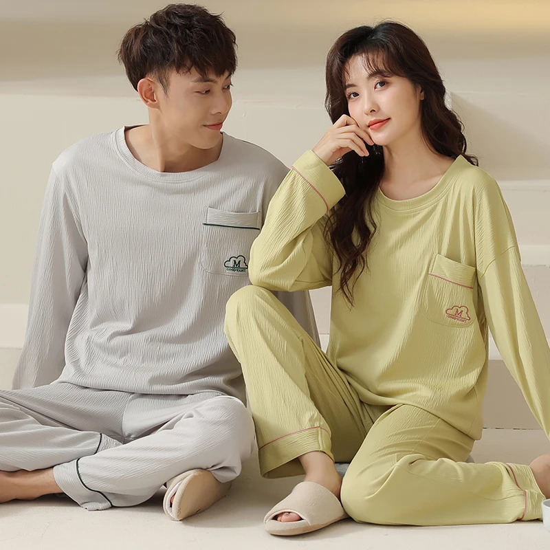 Couples O-Neck Pajamas Solid Color Pajamas Sets Sleepwear Long Sleeve Tops+Long Pants Pajamas Cotton Home Clothing Pijamas Mujer