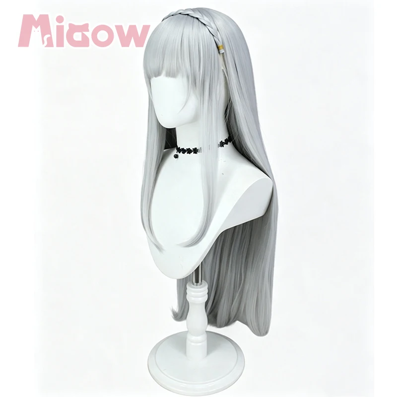 Anime 'Re:Zero'Emilia Cosplay Wig, Pre‑Styled Silver‑Grey 100cm Long Straight Wig with Braid Headband for Halloween Cosplay 4