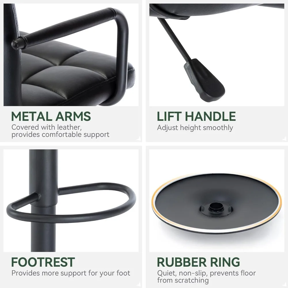 مقعد بار مربع حديث من جلد البولي يوريثان، مقعد دوار قابل للتعديل مع ظهر وأذرع، كرسي بارتفاع منضدة الهوائية لتناول الطعام في المطبخ