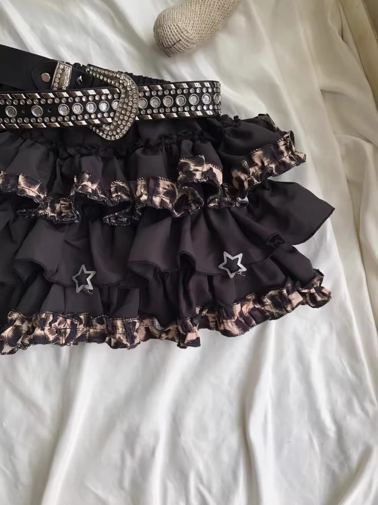 Kawaii Mini Cake Patchwork Leopard Skirt Womens Harajuku Sexy High Waist Ruffled Skirts Y2k Aesthetic Sweet Grunge Gothic Faldas