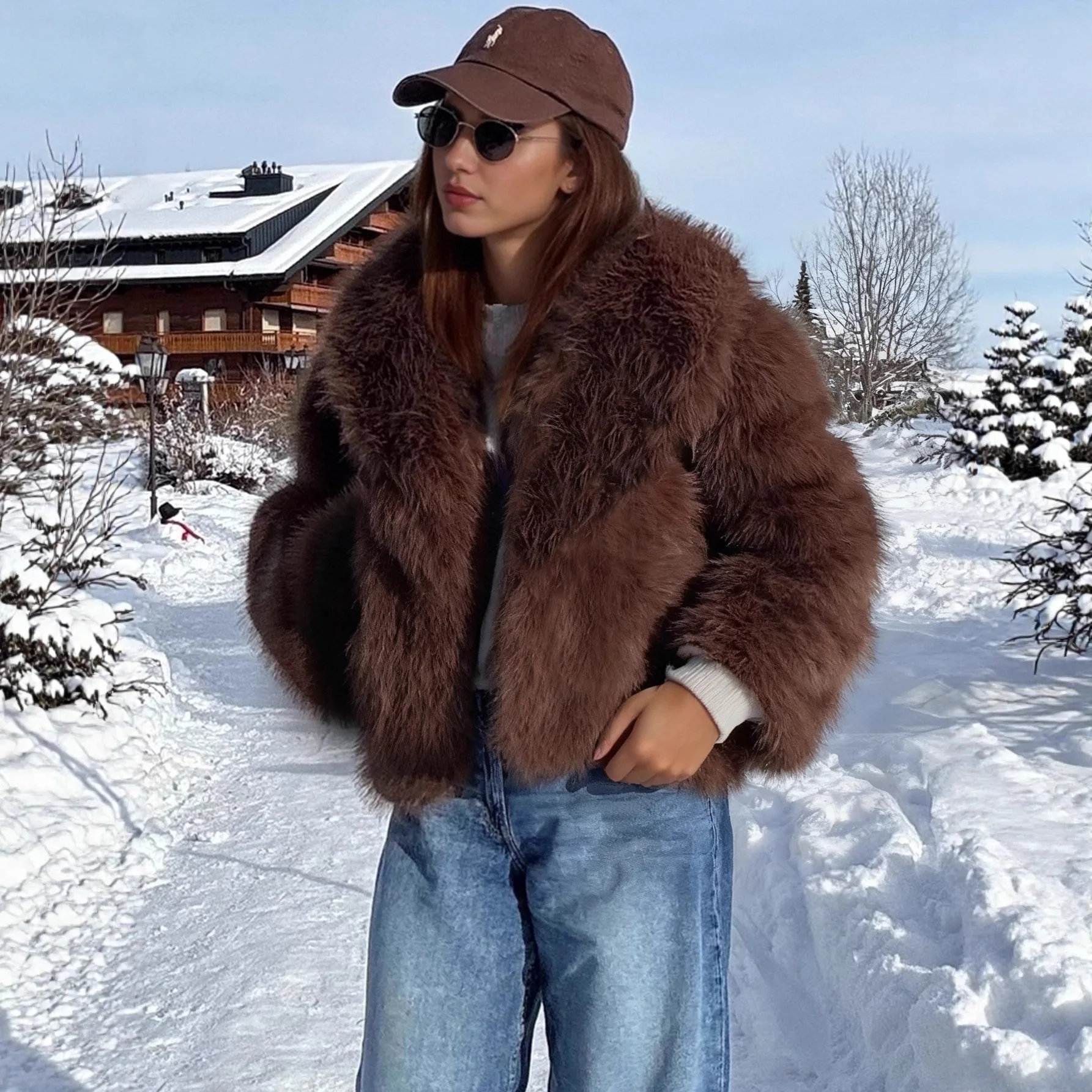 2025 Autumn Winter New Black Lazy Style Turn Down Collar Faux Fur Plush Coat Women Loose Thick Warm Jacket