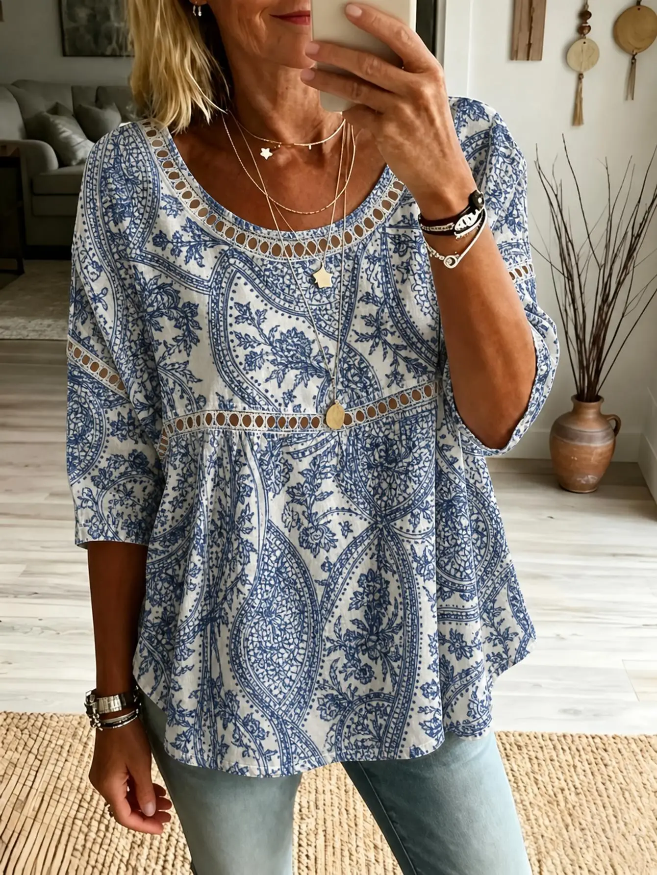 Blusa de talla grande para mujer, estampado paisley 3D, corte holgado, manga 3/4, estilo boho.