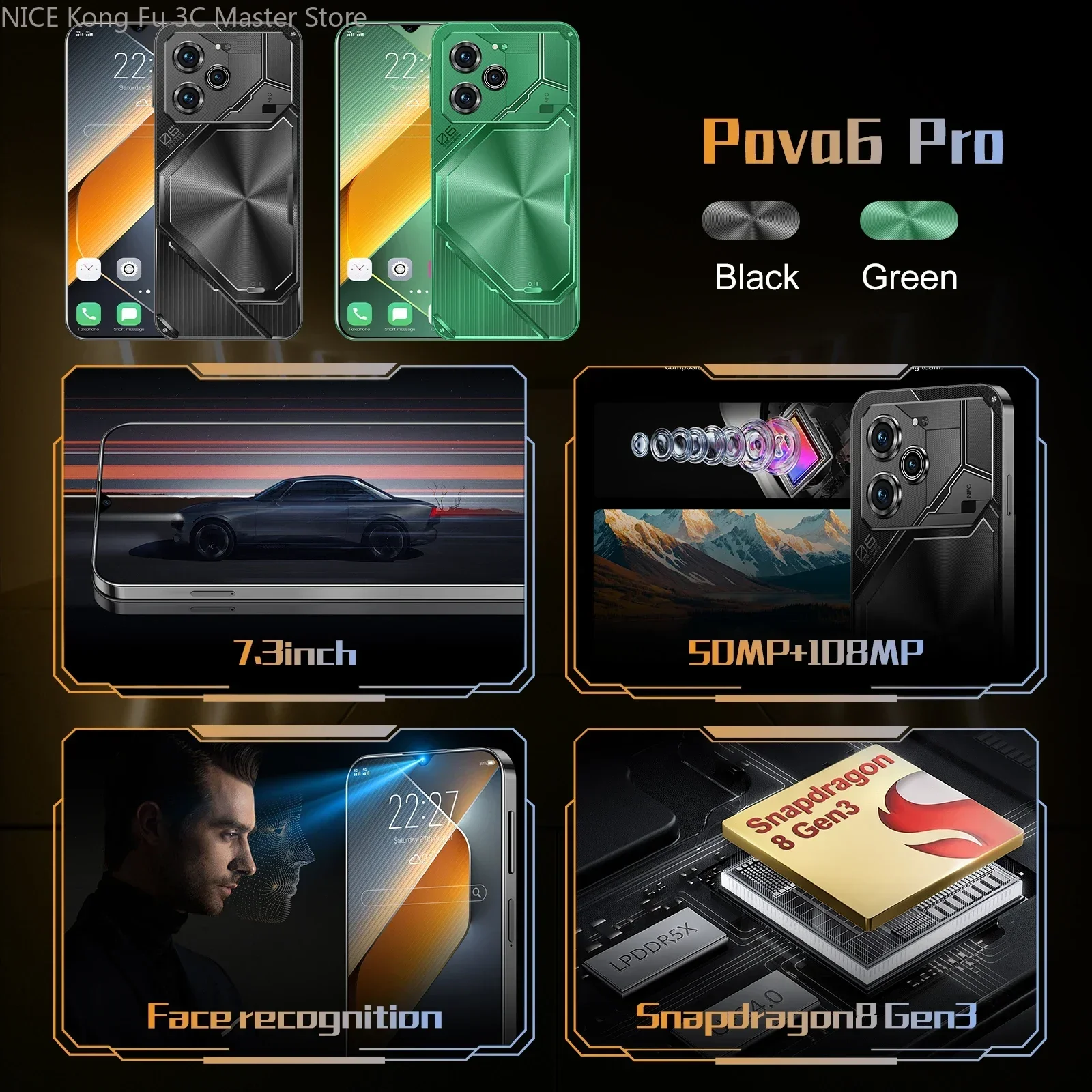 2024 New Original Pova 6 Pro Flagship Global Edition AI Smartphone 5G+ Dimensity 9200 7.3-inch 22G+2TB 50+108MP Android 14 NFC