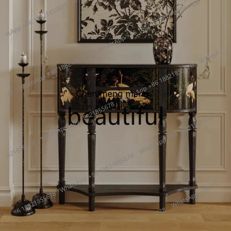 

X Retro solid wood, semi-round entrance cabinet, ultra-thin black decorative cabinet against the wall