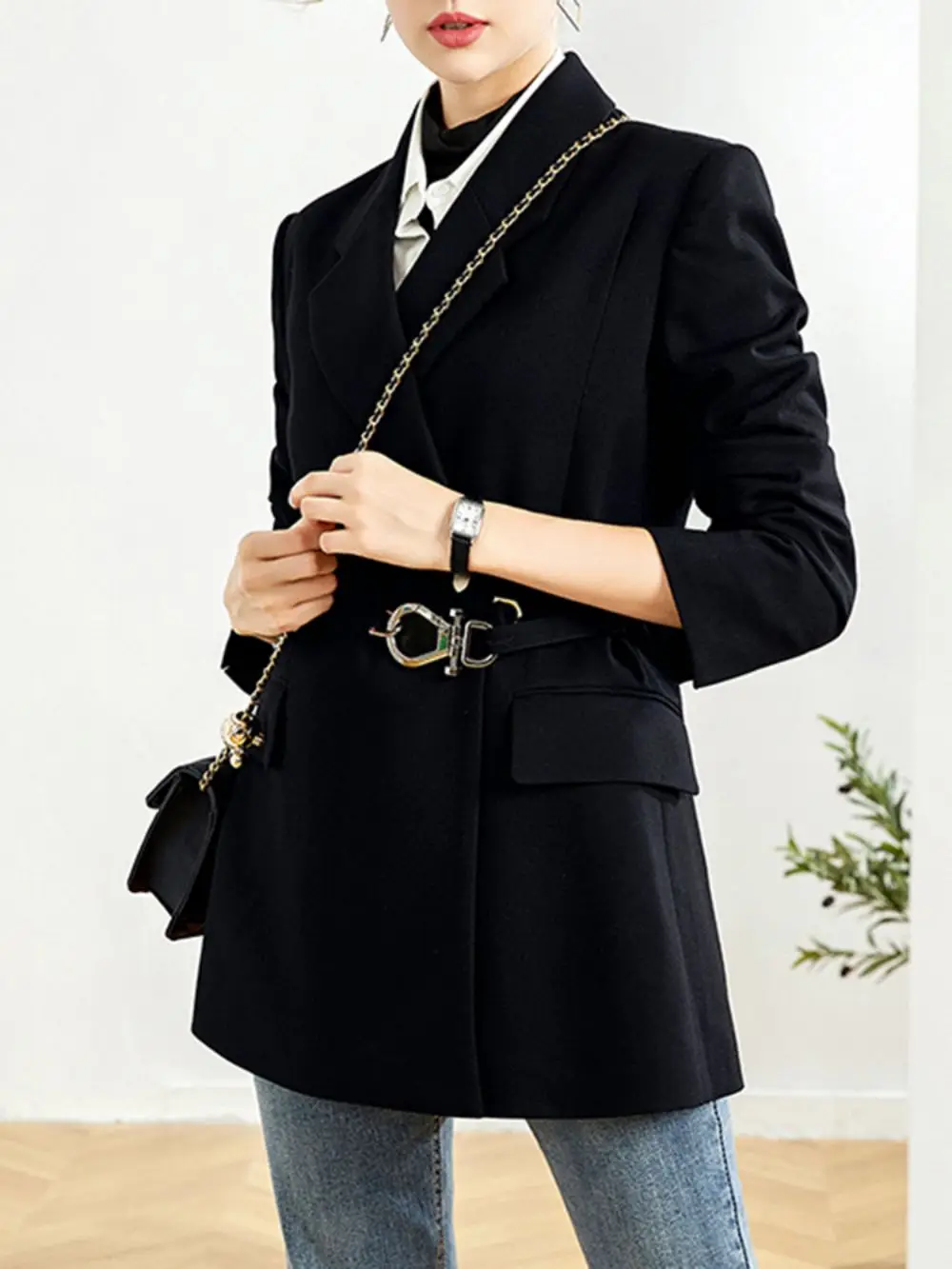 New Design Metal Buckle Belt Blazer For Women Notched Long  Sleeve High Street Coats Female Fashion Casual 2023  Spring Clothing