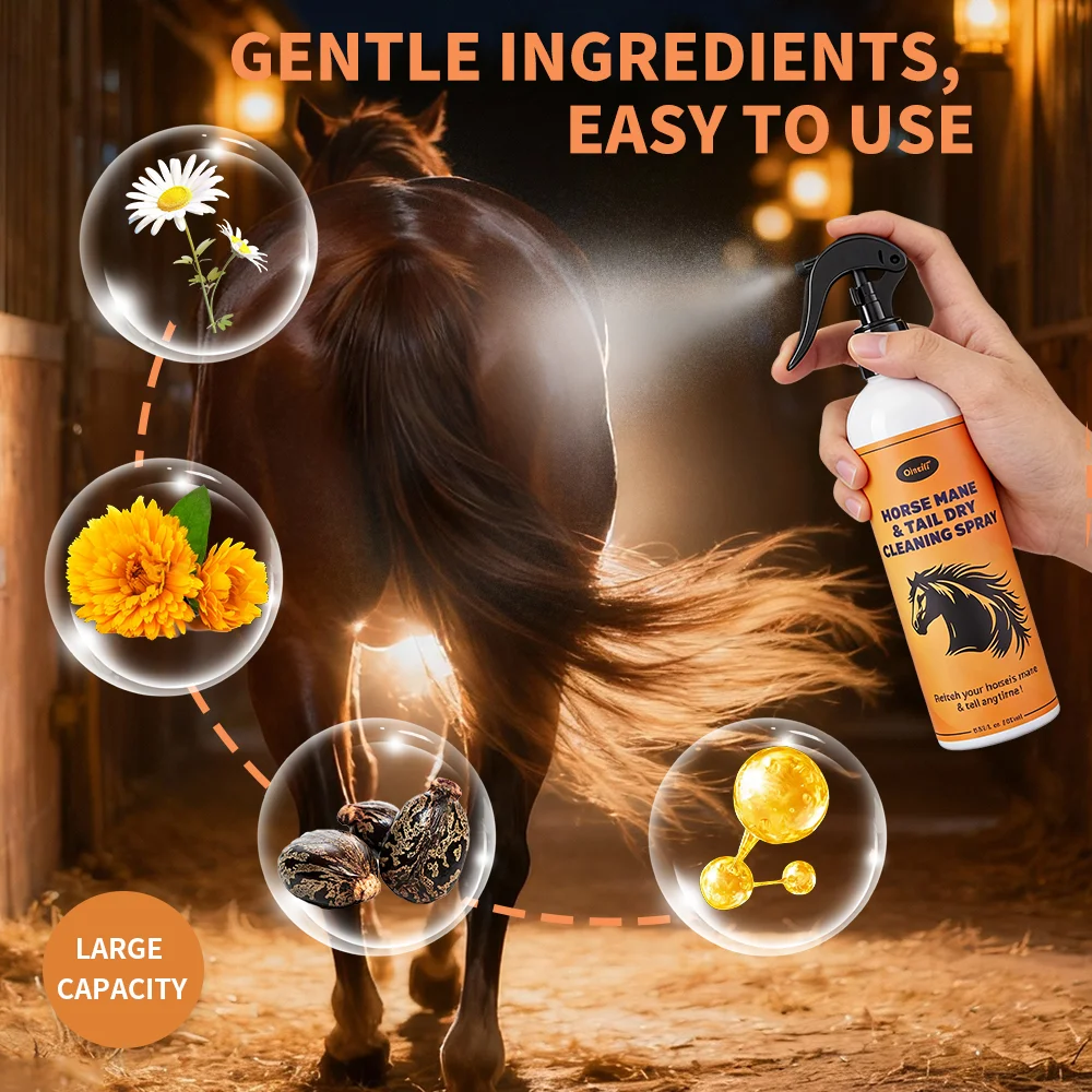 Horse Mane Tail Spray Waterless Shampoo No Rinse Cleaning Detangling Smooth Shiny Horse Coat Grooming Spray for Daily Care