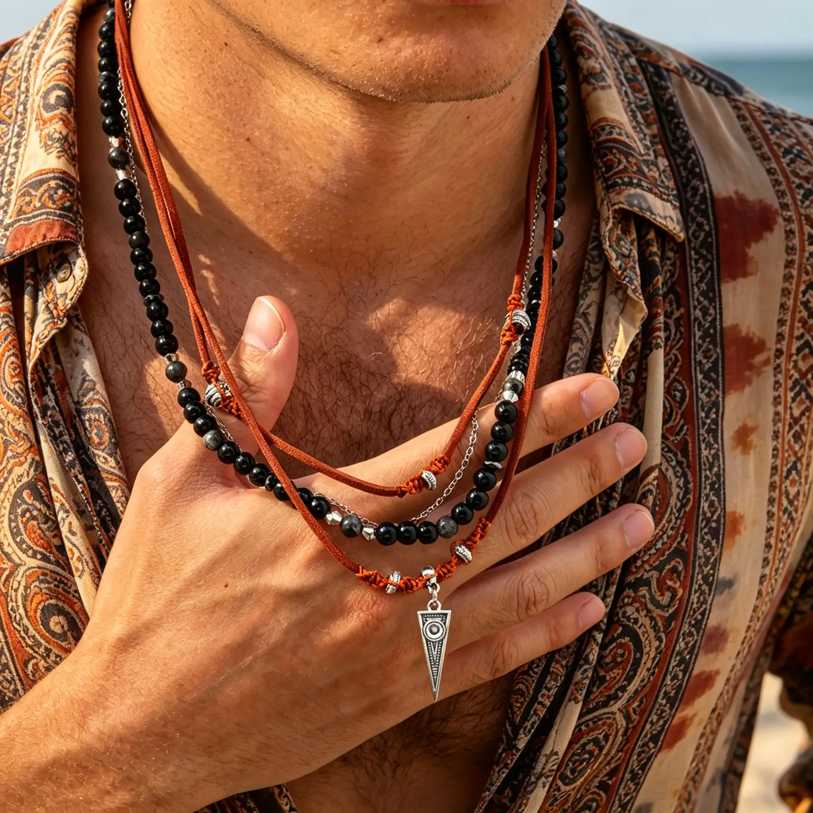Rock Punk Layering Necklace for Men,Casual Multi Layer Black Leather Necklace,Waterproof Small Geometric Pendant Gift