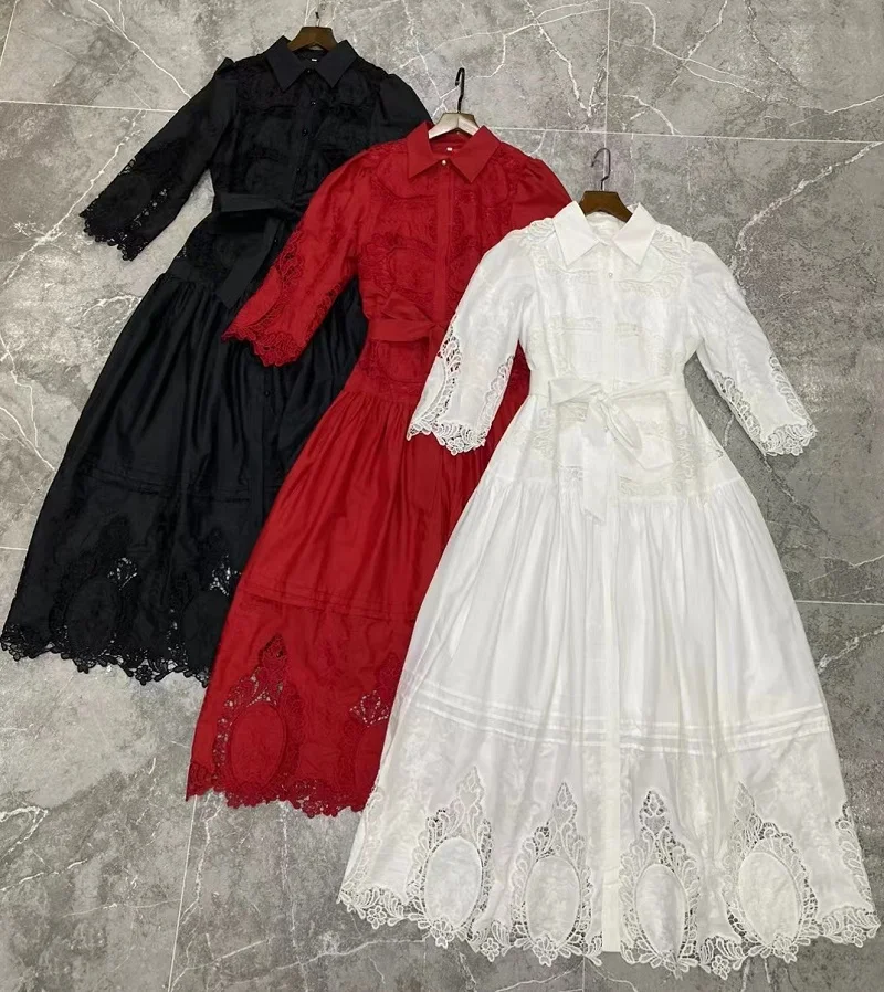 Imagem -06 - Vestido Longo Bordado Feminino Colarinho Virada para Baixo Oco Cinto Longo Branco Vermelho Preto Alta Qualidade Roupas Outono Novo 2023