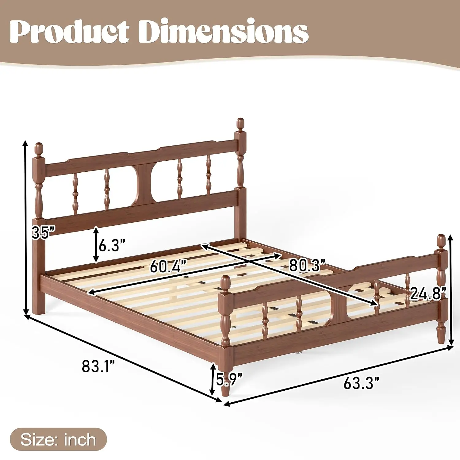 Queen Size Spindle Bed Frame With Headboard And Footboard, Solid Wood Vintage Platform Bed, No Box Spring Needed,, Customized