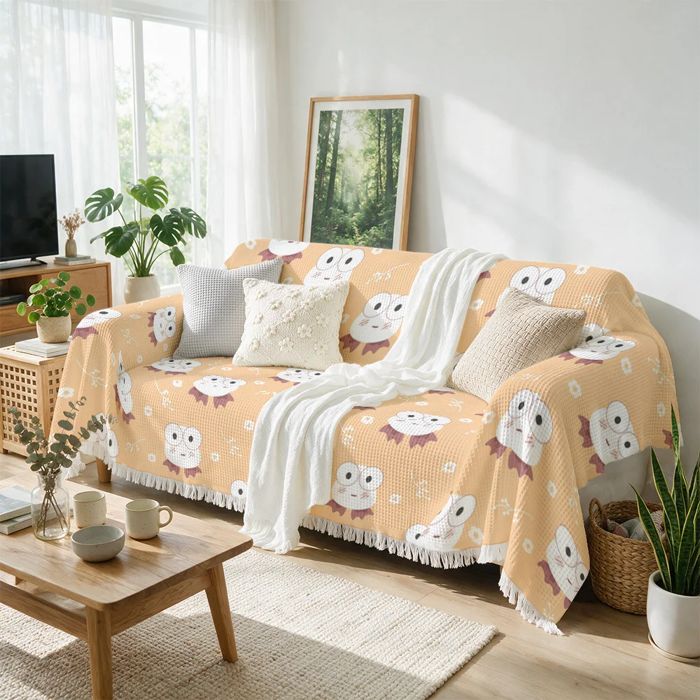 Adorable Cartoon Owl Pattern Throw Blanket Sofa Cover for Living Room Decor Yellow Floral Spring Couch Accent Cozy Throw Cushion
