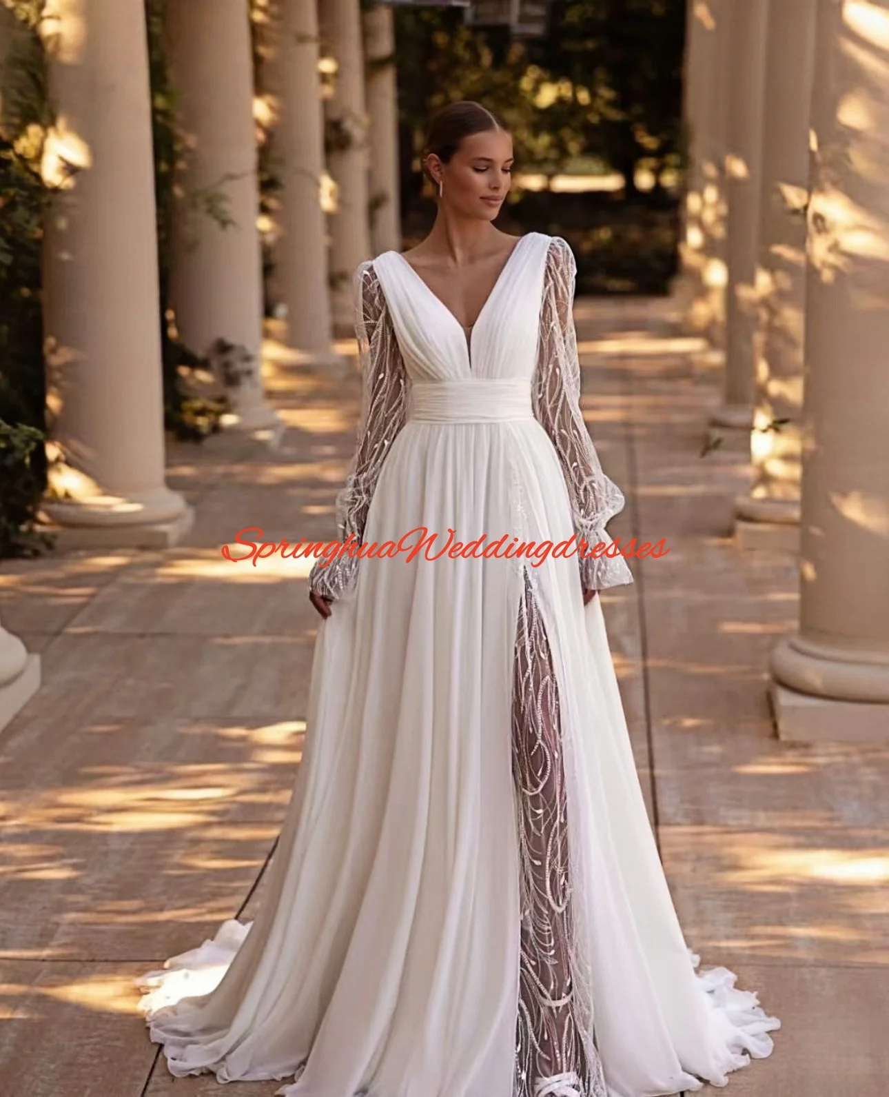 カスタマイズされたウェディングドレス女性のためのパフスリーブ V ネックジッパー A ラインアップリケシフォン Vestido