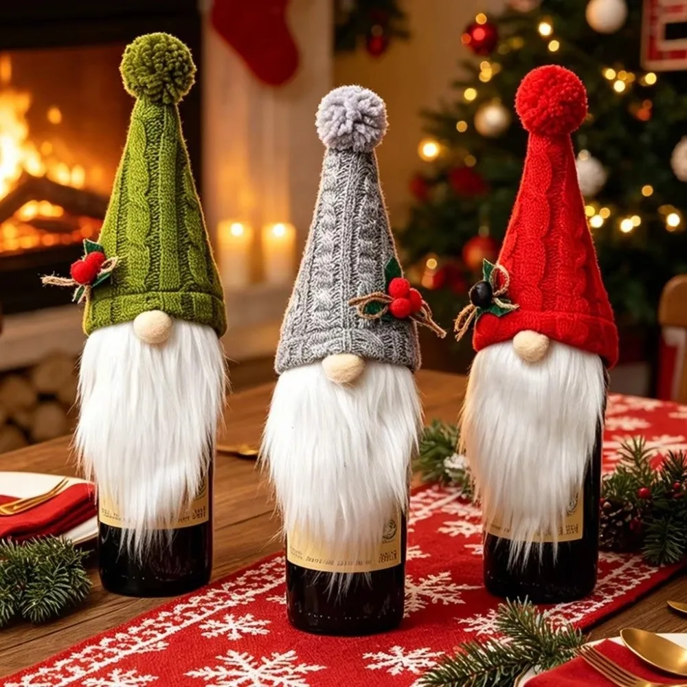 Festive Gnome Ornament Christmas Gnome Bottle Cover Knitted Cotton European Style Christmas Knitted Wine Cover Soft Texture