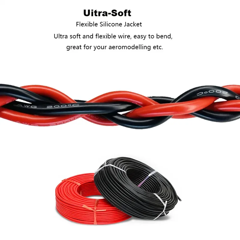 Super-Soft Silicone Wire 2 4 6 8awg 10awg 12awg 14awg 16awg Heat Resistant Red Black Tin Copper Stranded Wire For RC Cars Drones