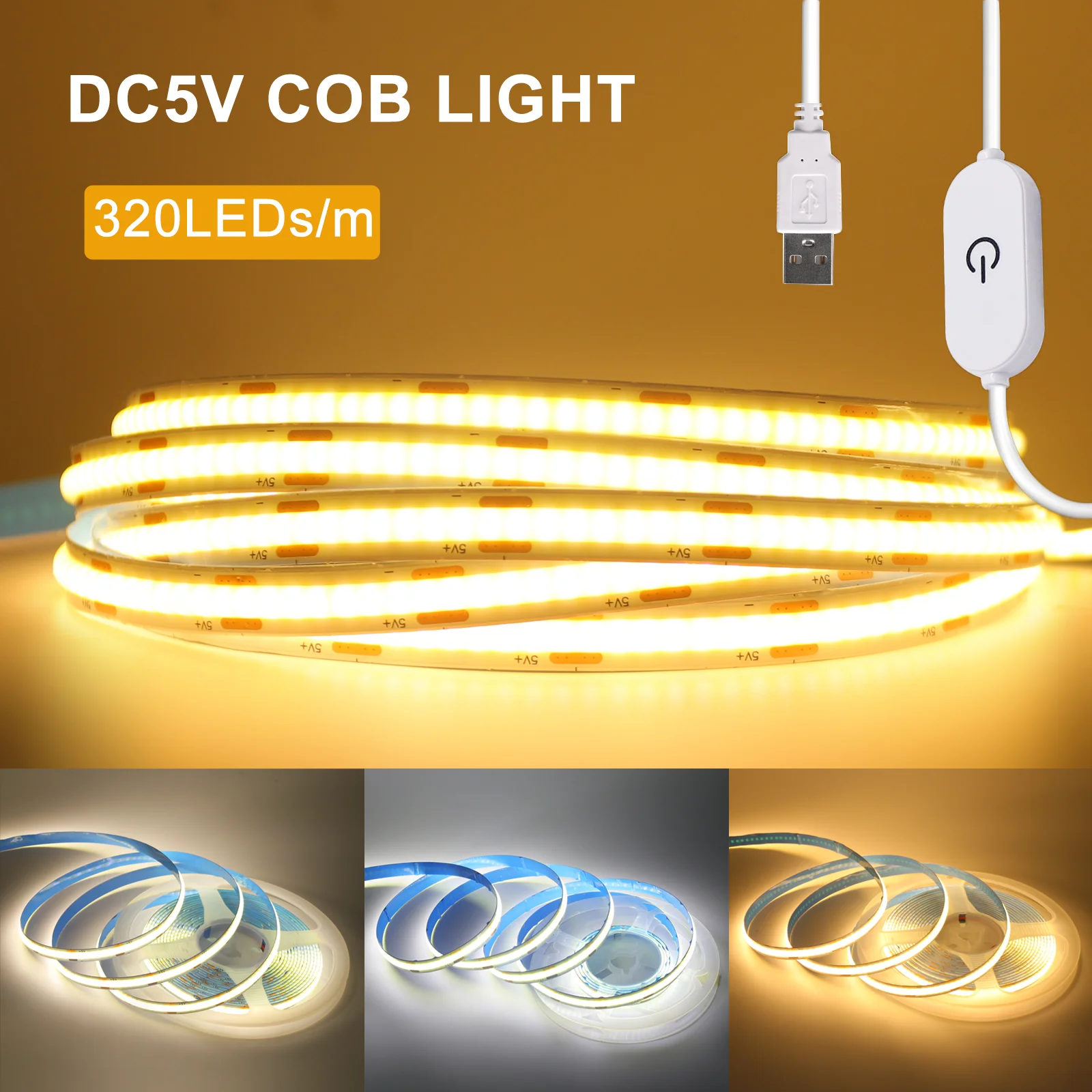 Fita de LED COB USB 5V com Dimmer Touch, Fita de Diodo Flexível 320 LEDs/m, Luminária Interna, Iluminação Linear, DIY para Quarto e Luz de Fundo para TV