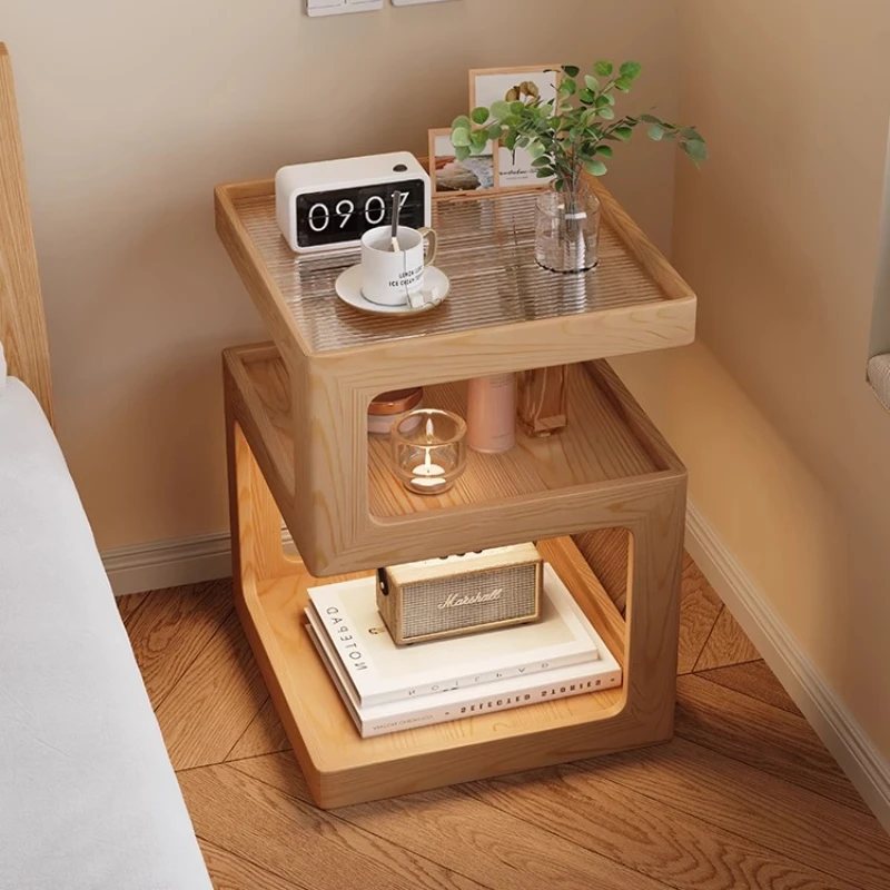 

Cream Solid Wood Nightstand, 520 Number Bedside Table, Multi-Layer Storage Cabinet with LED , Thickened Side Shelf