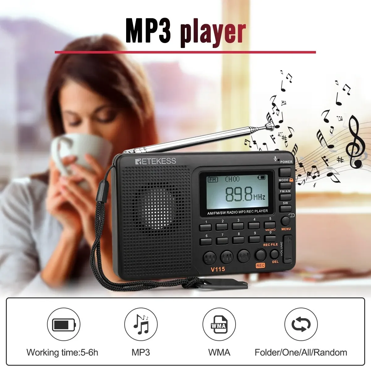 Full Band Radio Recorder Portable Radio Rechargeable Shortwave Radio Battery Full Wave USB Recording Speaker FM AM MP3 Playback