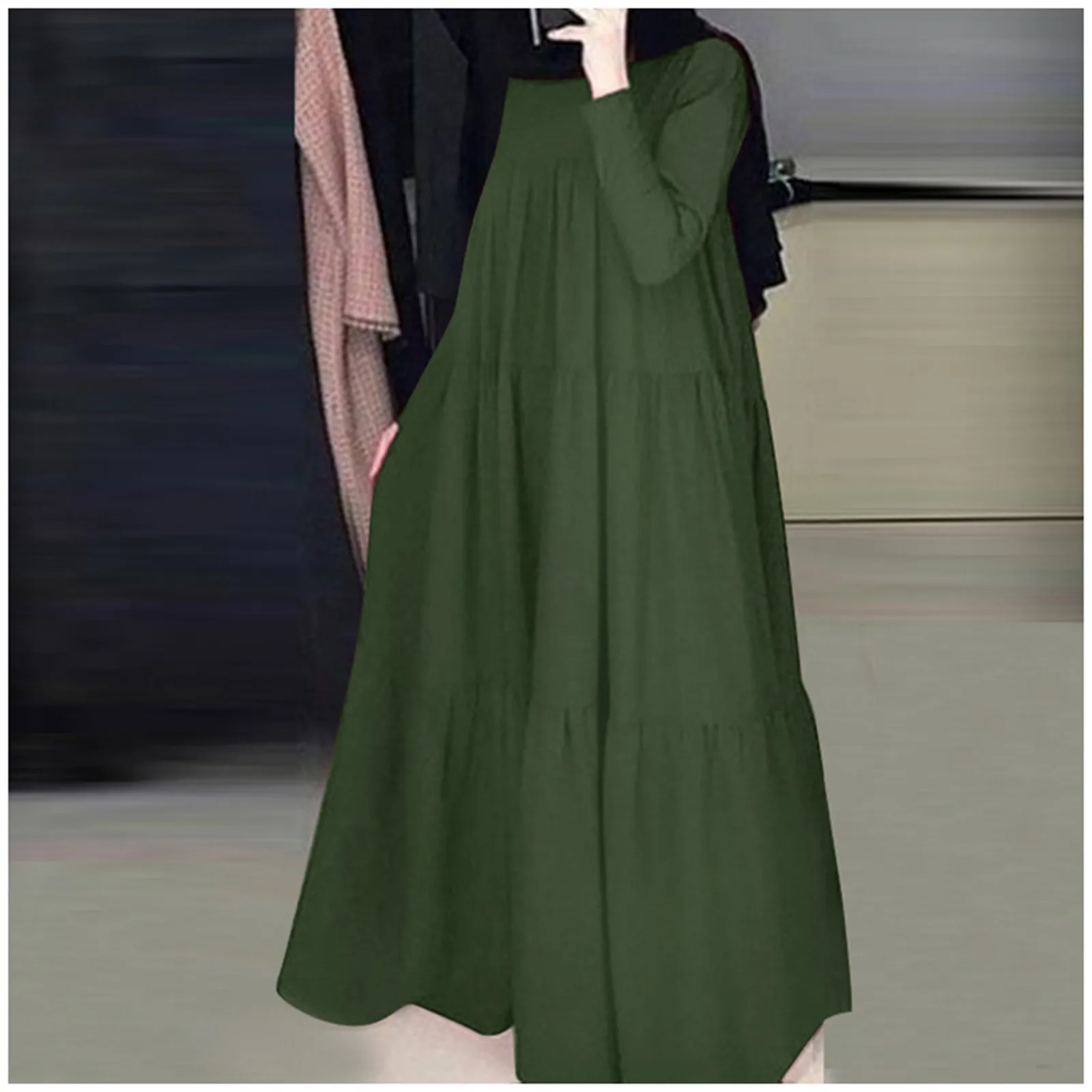 Elegant Ruffled Dress Women Islam Ramadan Abaya Sundress Casual Solid Color Robes Long Sleeve Ladies Party Holiday Cake Dresses