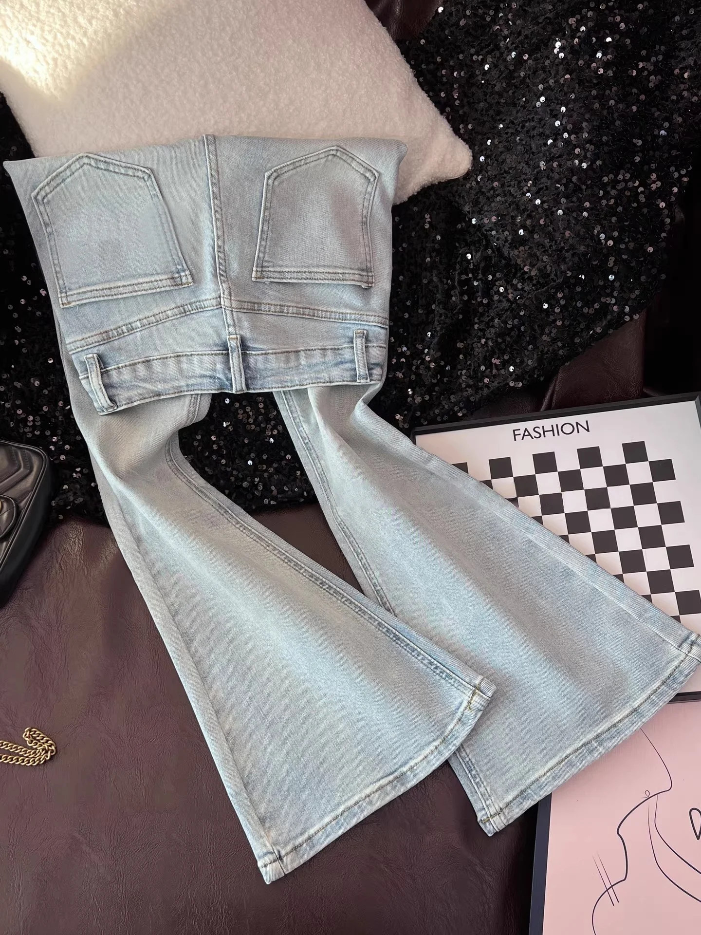 

High Waist Bell Bottom Denim Jeans Women's Summer Slimming Tight Fit Small Size Long Pants Blue Wash Simple Style Jeans