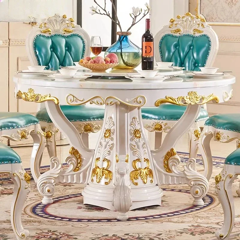 European style all solid wood dining table luxury villa round table chair combination hotel restaurant home