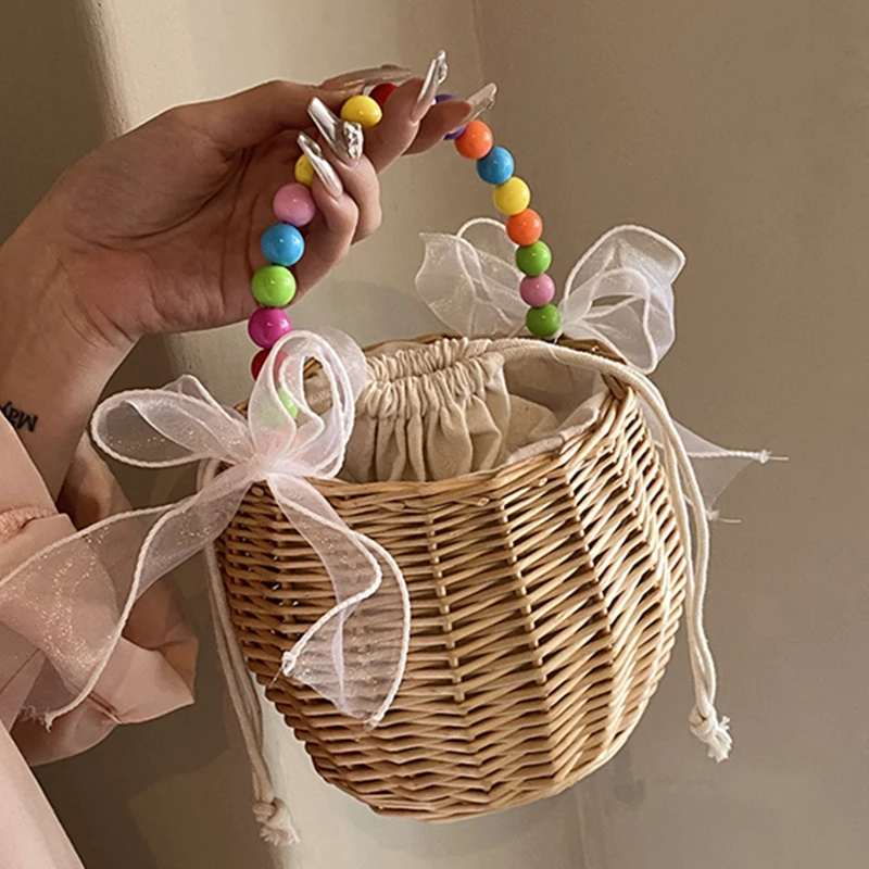 Vine Weaving Handwoven Handbag Luxury Vacation Travel Beach Women\'s Bag lace Pearl String Design Small Basket phone bag Wallet