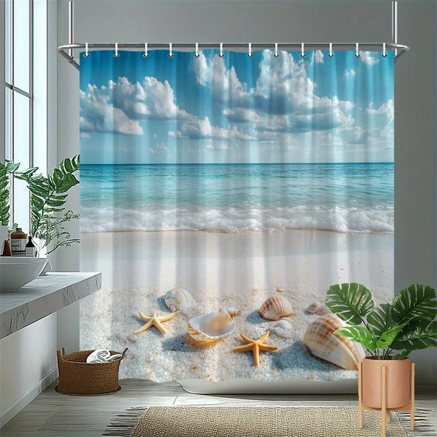 

Пляжная занавеска для душа Serene, мягкие белые песочные ракушки, бирюзовые волны, полиэстер, можно стирать в машине с 12 крючками для декора ванной комнаты