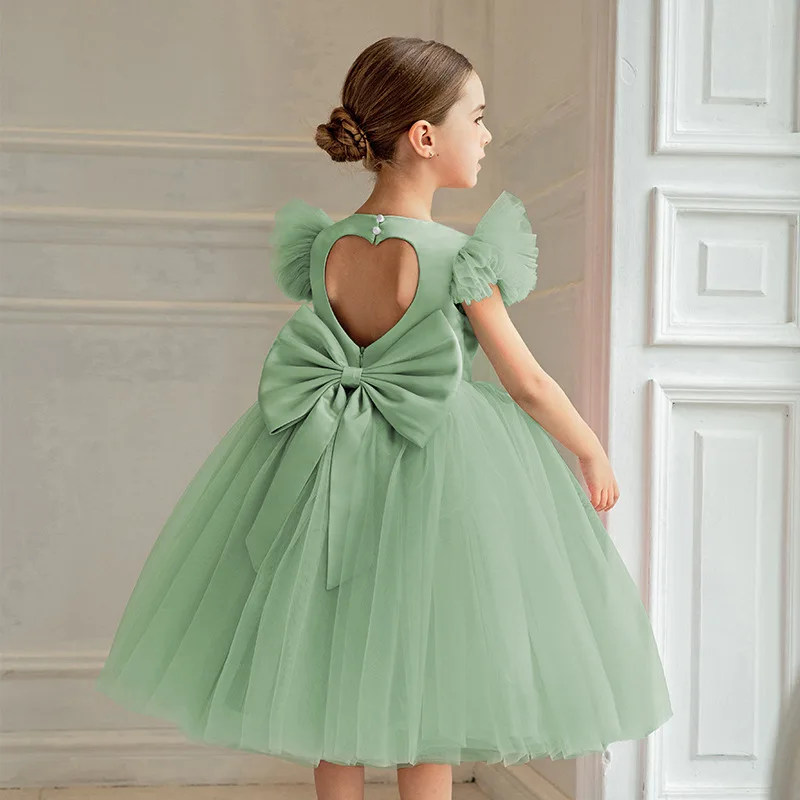 Mädchen-Partykleider, elegant, große Schleife, weiß, Hochzeit, Brautjungfer, Prinzessinnenkleid, Mädchen, Erstkommunion, Taufe, Geburtstag, Partykleid