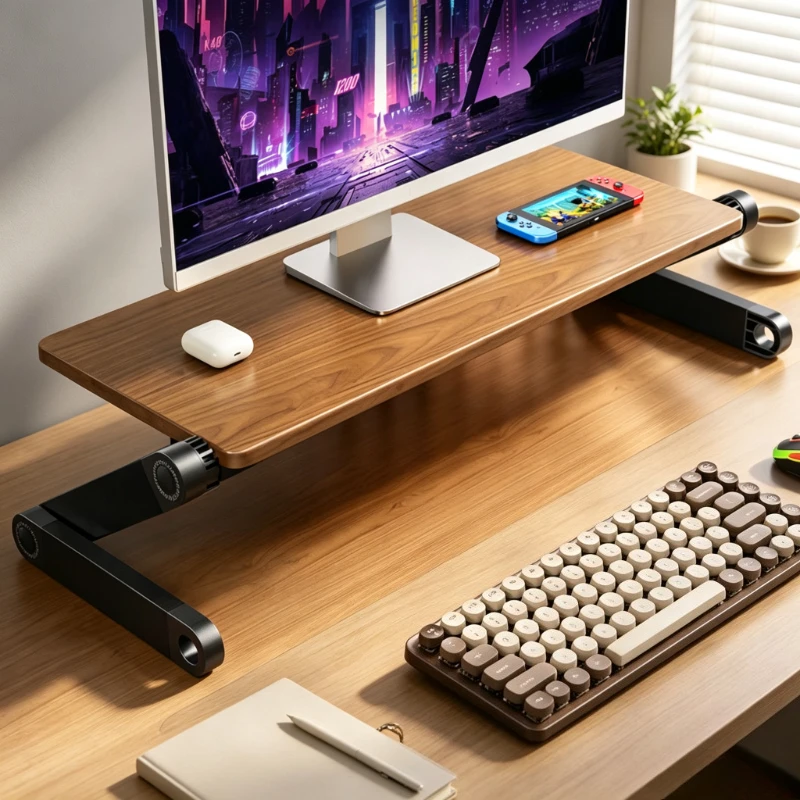 Solid Wood Monitor Stand Riser Foldable Height Adjustable Large Desktop Shelf for Laptop Keyboard Office Black 원목 모니터 받침대