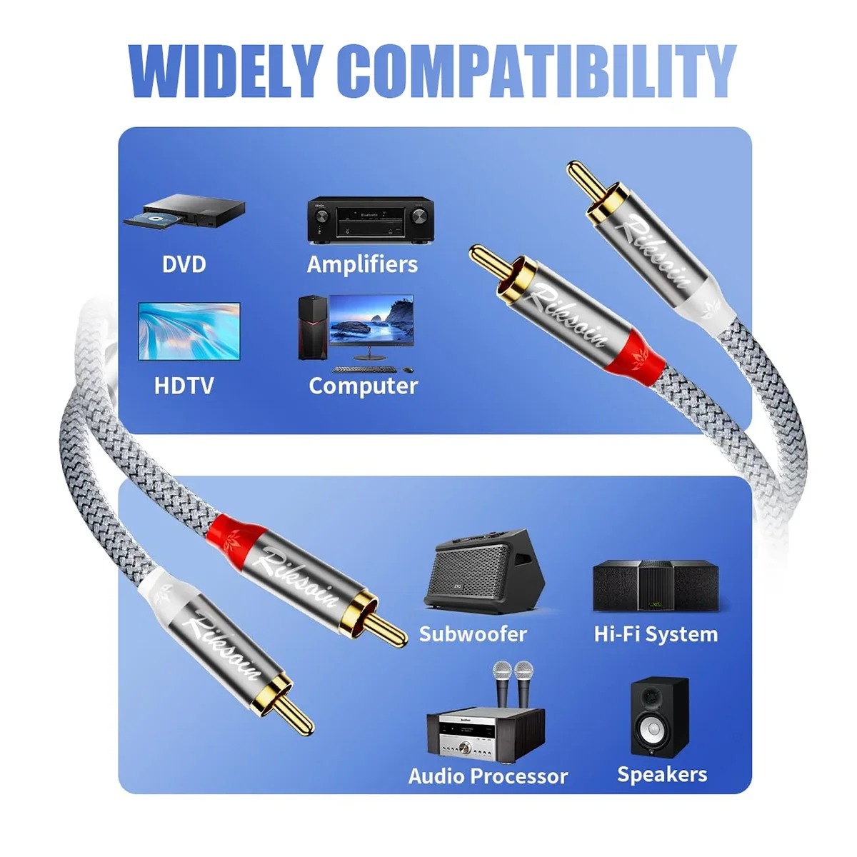 RCA Cable 2-RCA Male To 2-RCA Male Subwoofer Audio Cable Aux Stereo Audio Cord for HDTV Home Theater Console DVD Player Etc