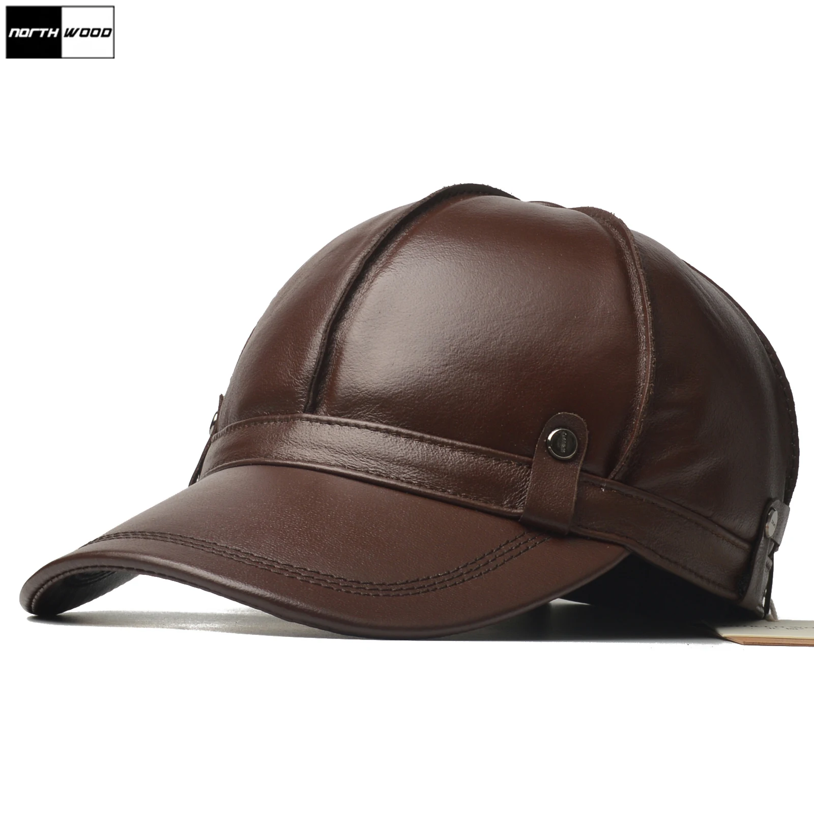 

NORTHWOOD Men's Premium Genuine Cow Leather Baseball Cap with Ear Flaps Fleece-Lined Soft Top Warm Winter Outdoor Snapback Hat