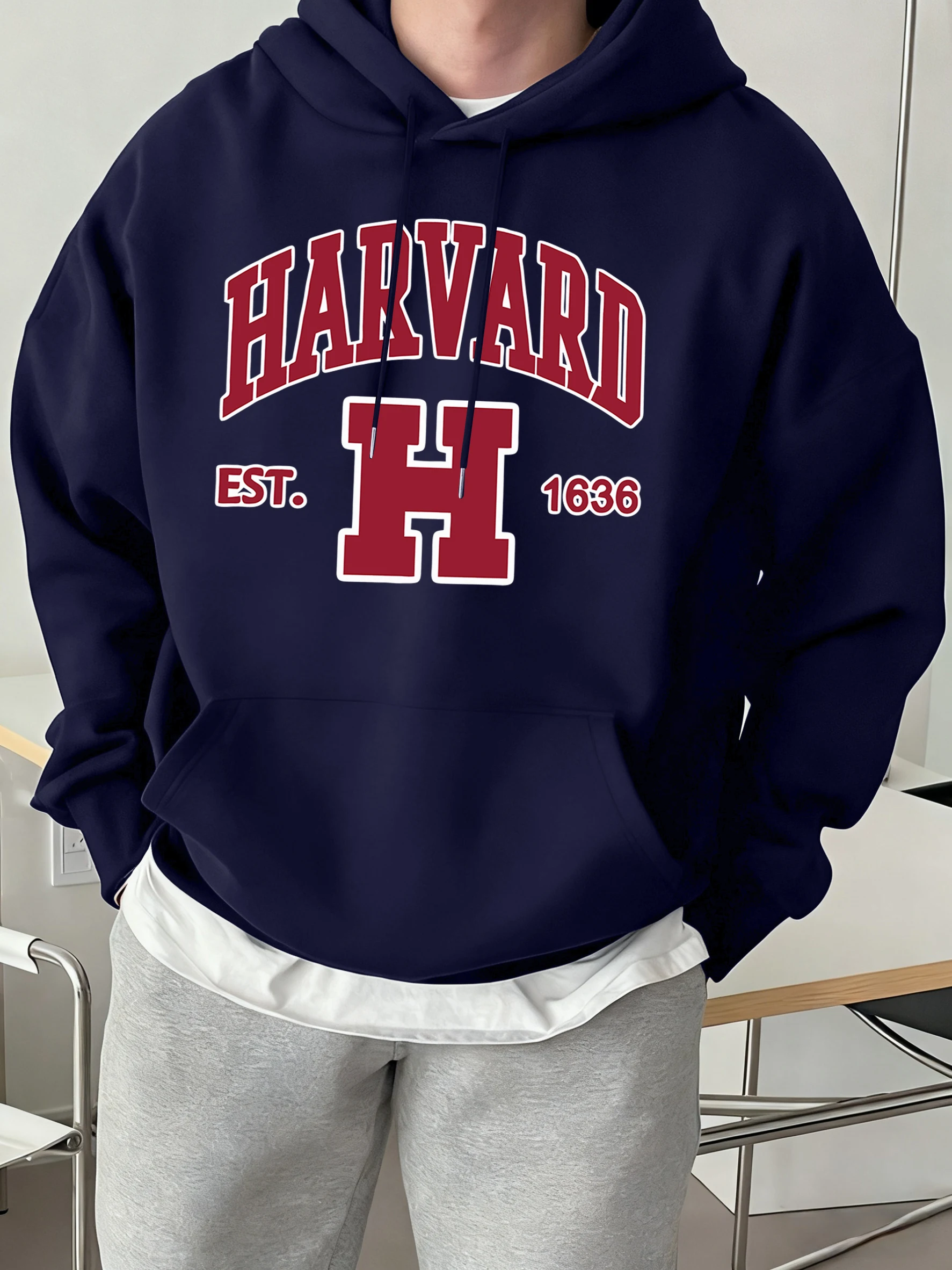 2026 Harvard Est.1636 Printed Hoodie Men Multi Color Available, Vintage Fleece Sweatshirt Loose Pocket Casual Sport Pullover