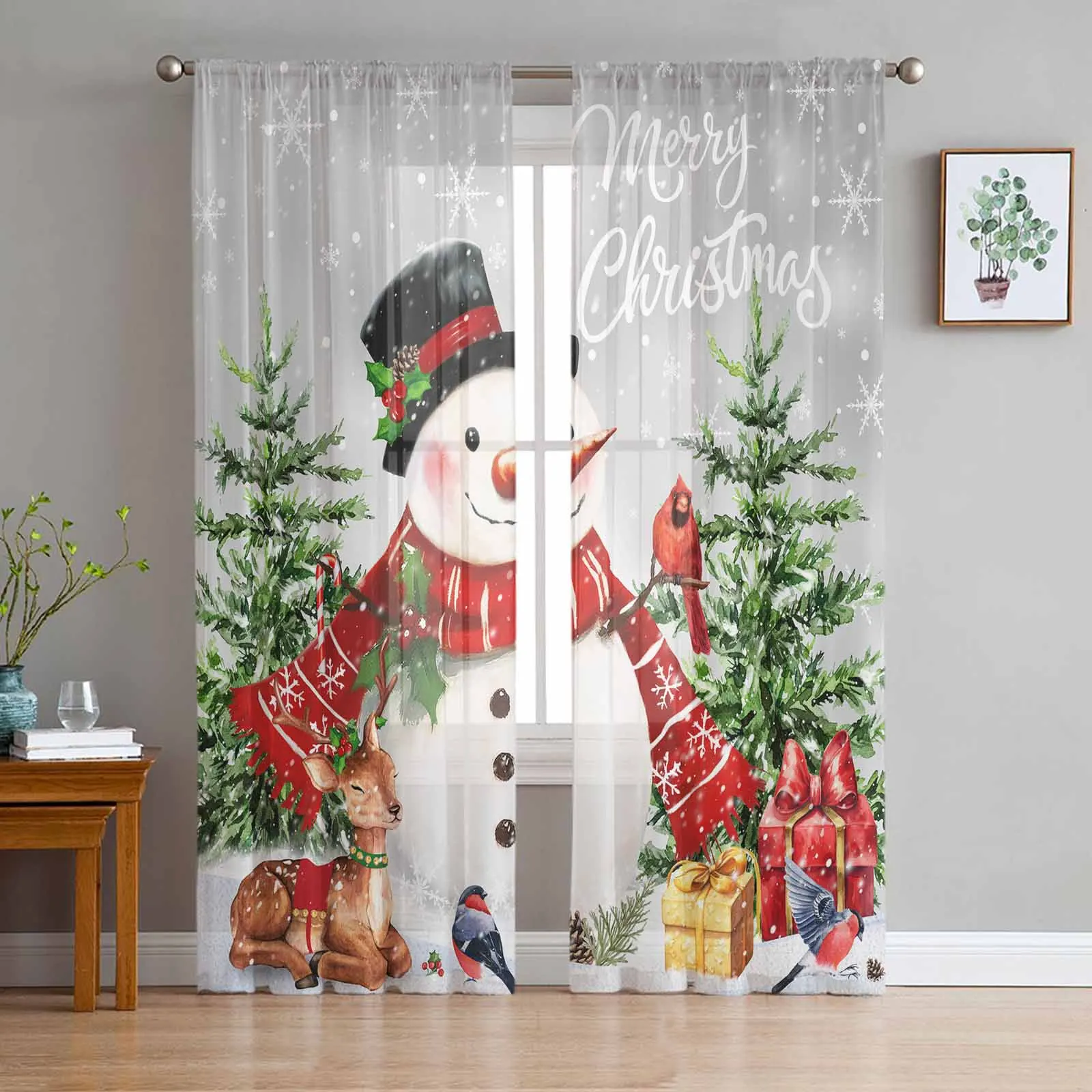 

Christmas Winter Snowman Elk Curtains Living Room Bedroom Kitchen Decoration Window Voiles Organza Tulle Curtain