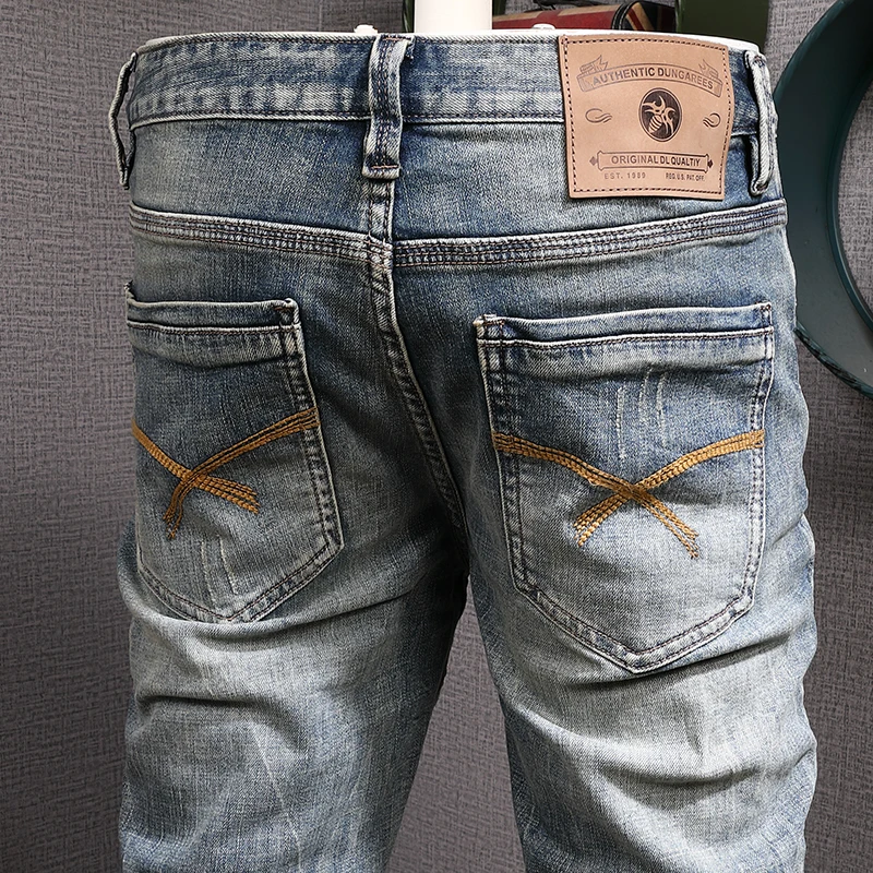 Italian Style Fashion Men Jeans High Quality Retro Blue Elastic Slim Fit Ripped Jeans Men Trousers Vintage Designer Pants Hombre