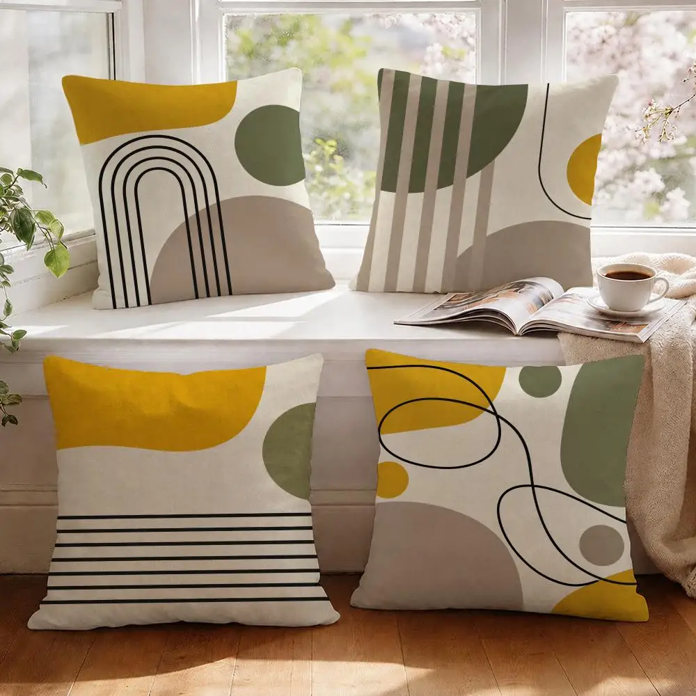 Mustard Geometry Retro Cushion Cover 1/4Pcs Linen Throw Pillow Covers Double-Side Print Sofa Couch Living Room Decor
