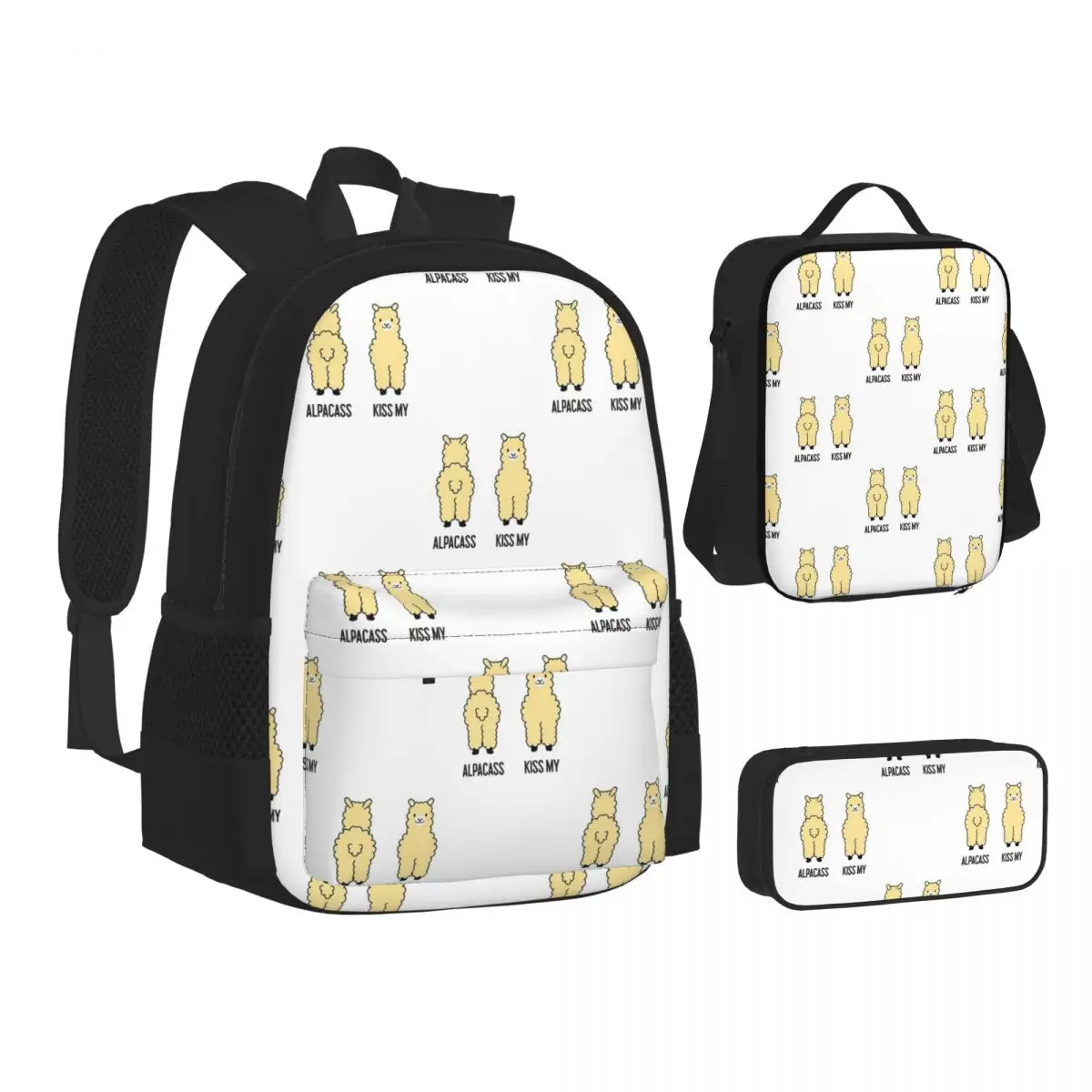 

Sided Kiss My Alpacass Funny Alpaca Llama BackpacksStudents School Bags Kids Rucksack Lunch Bag Pen Bag Three-Piece Set