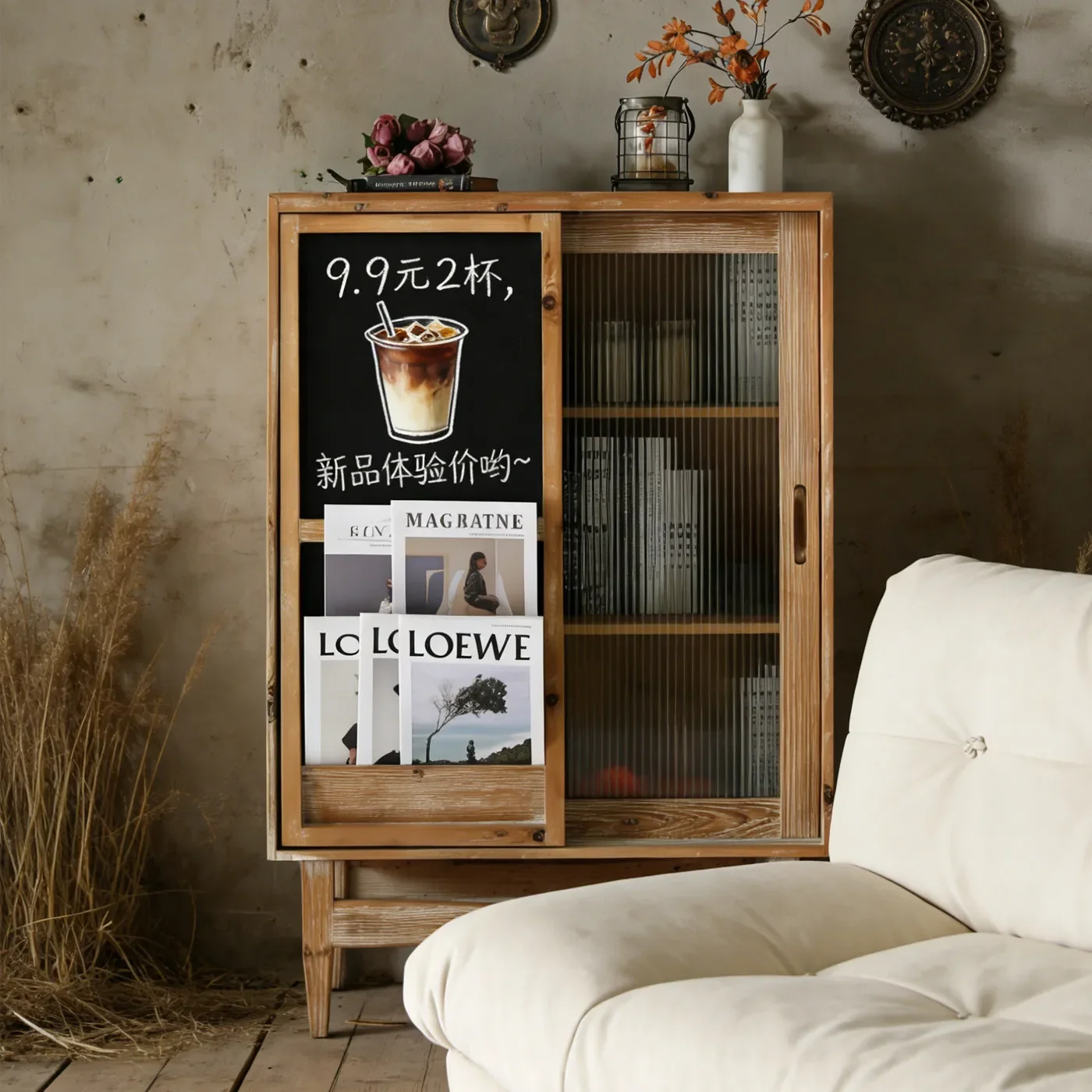Japanese-style retro wood dining side multi-functional with blackboard wabi-sabi wind storage coffee side glass tea cabinet