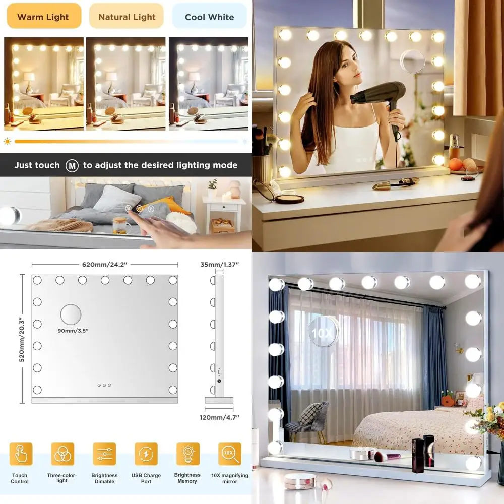 

Illuminated Hollywood Vanity Mirror with 17 LED Lights, 25x21, 10X Magnification, 3 Color Modes, Touch Control, USB Port, Wall o