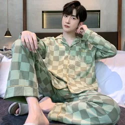 Checkerboard Cotton Nightwear for Men Cardigan Home Clothes Spring Long Sleeves Sleeping Top Pant Pajamas Male Pijamas Dropship